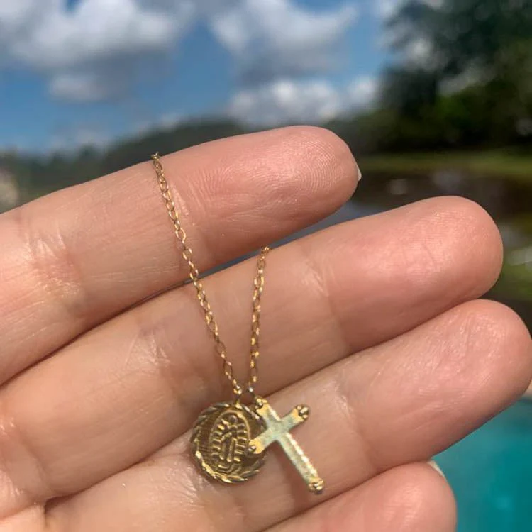 Gold Vermeil Cross & Guadalupe Necklace 18-inch - Image 3