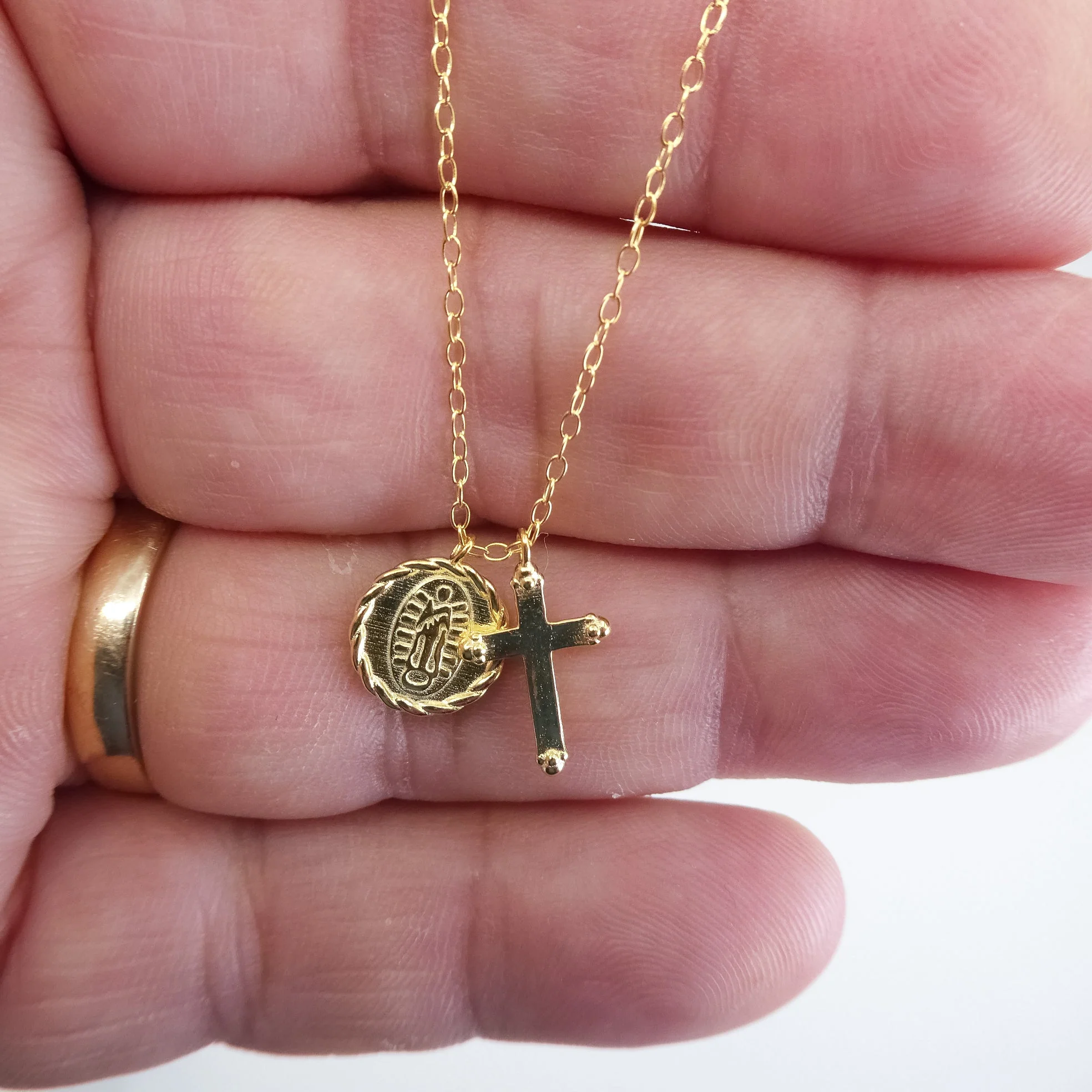 Gold Vermeil Cross & Guadalupe Necklace 18-inch - Image 4
