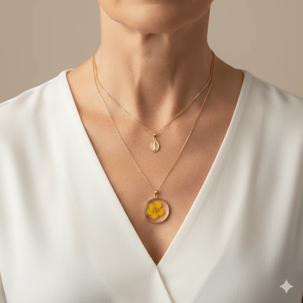 Gold-Plated Virgin Mary Necklace and Flowers Double Layer Necklace Set 18-inch - Image 2