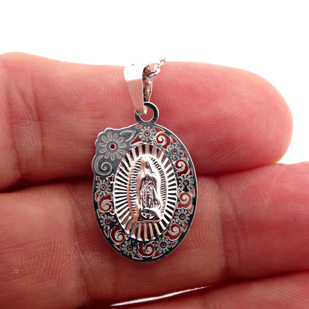 Silver Our Lady of Guadalupe Floral Medal Necklace 18-inch - Image 3