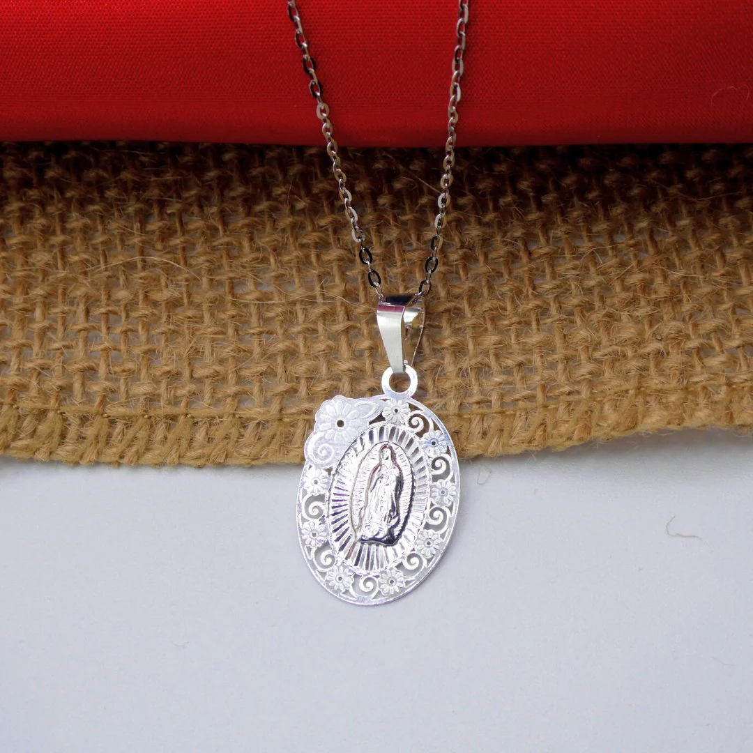Silver Our Lady of Guadalupe Floral Medal Necklace 18-inch - Image 4