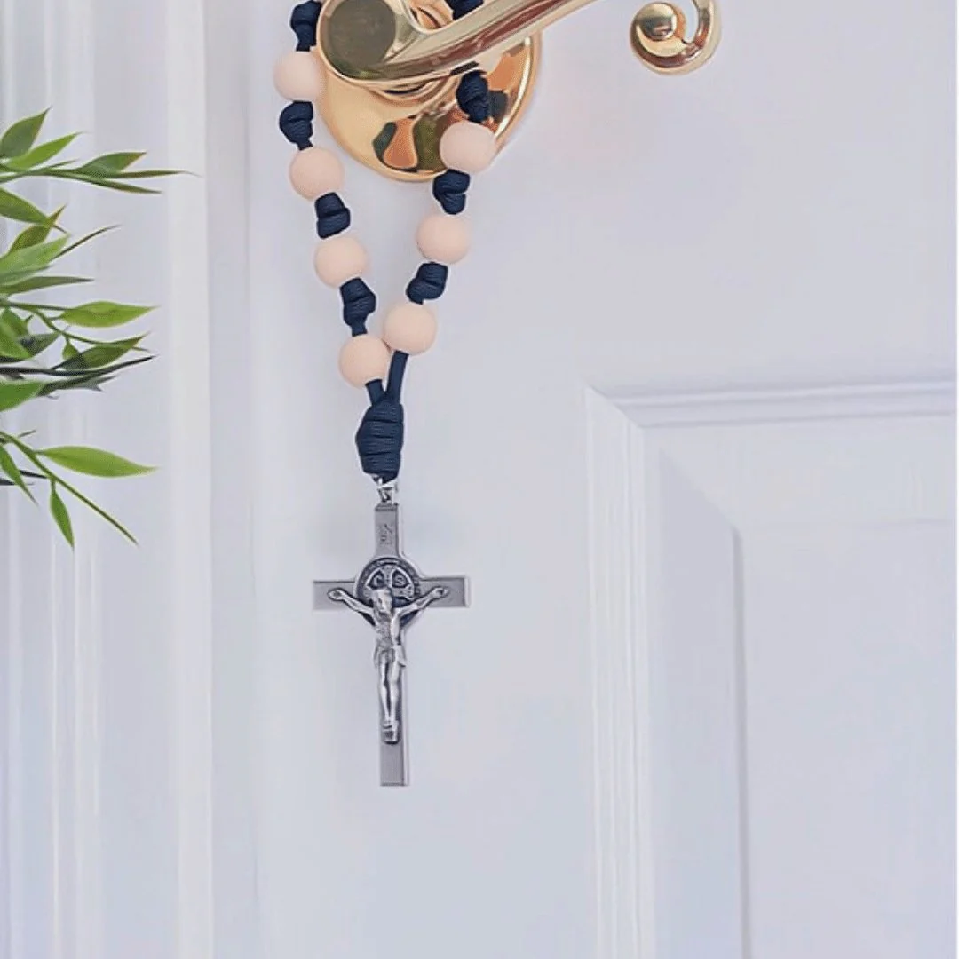 St Benedict Bead & Paracord Door Rosary, Natural Wood Beads 14" - Image 2