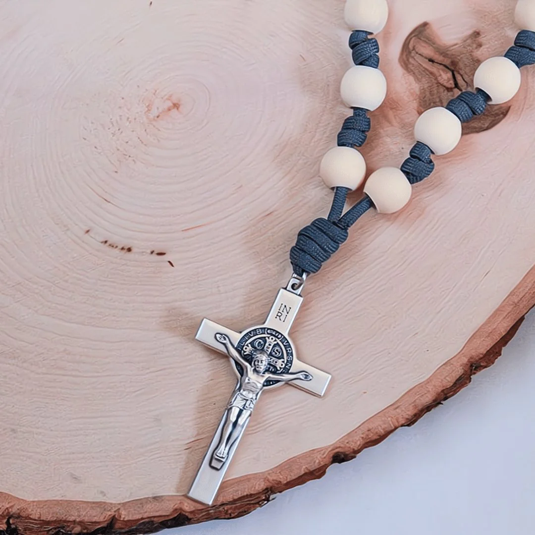St Benedict Bead & Paracord Door Rosary, Natural Wood Beads 14" - Image 4