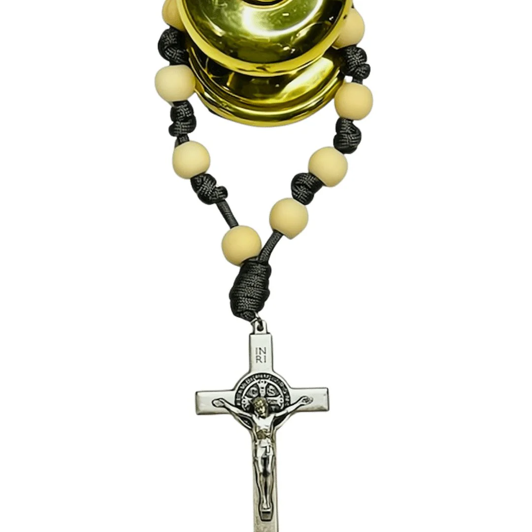 St Benedict Bead & Paracord Door Rosary, Natural Wood Beads 14" - Image 5